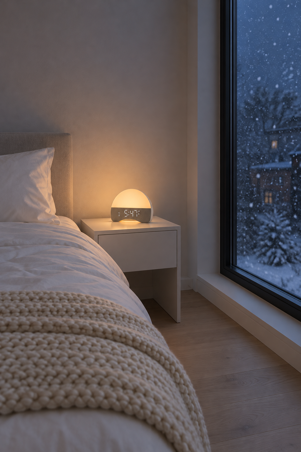 Le réveil Aube éclaire doucement une chambre un matin d'hiver