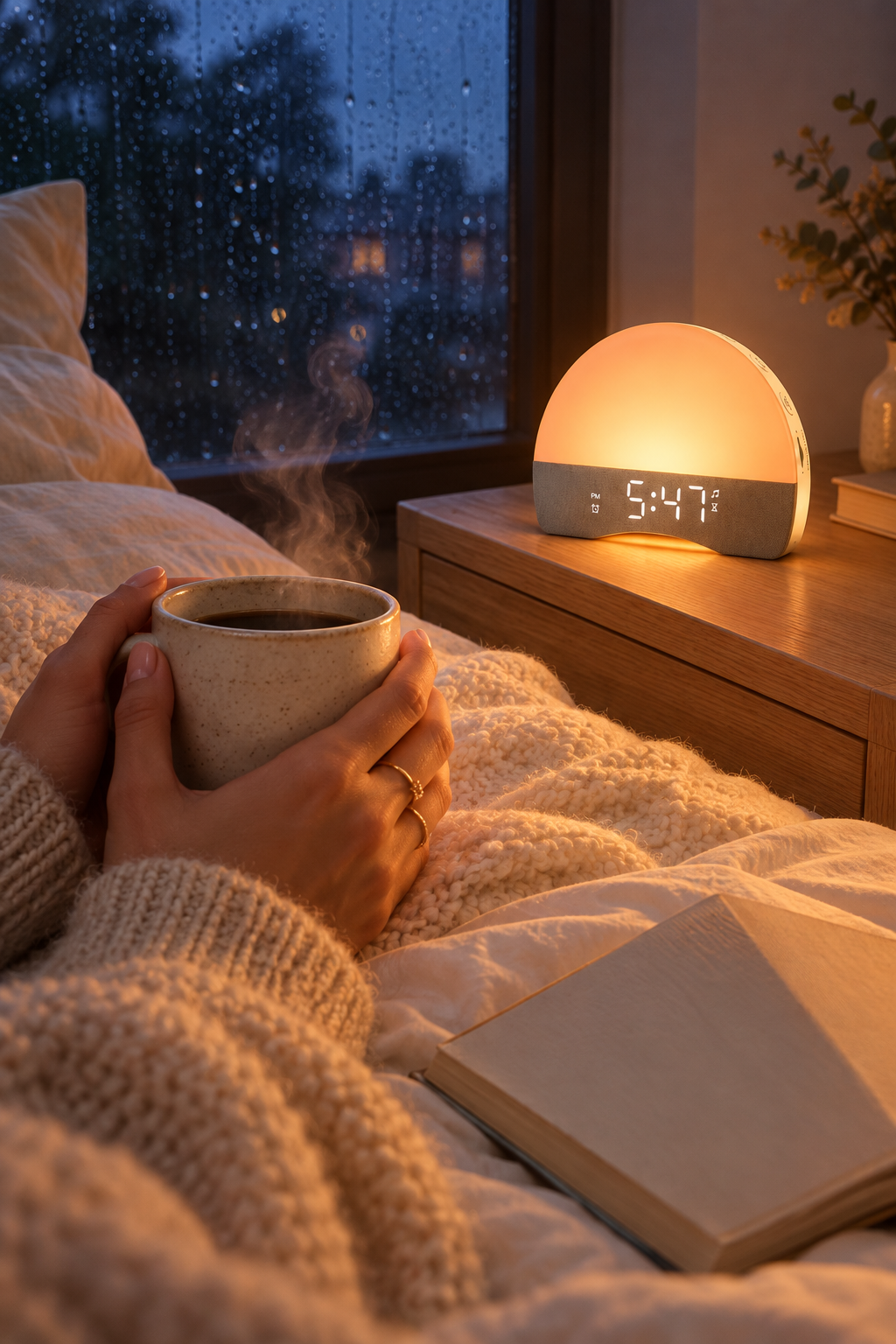 Un matin d'hiver au lit avec un café et le réveil Aube allumé